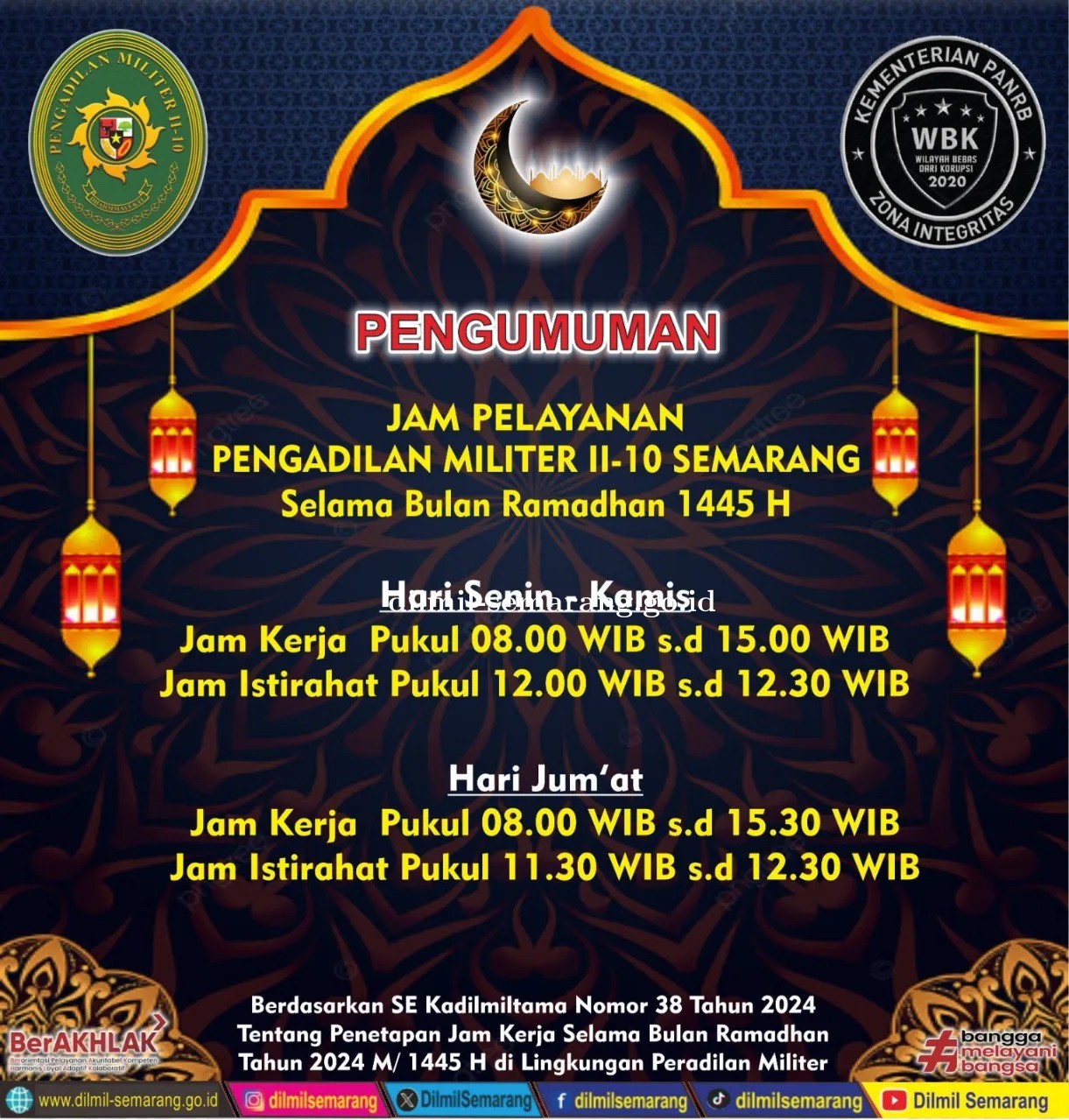 Jam pelayanan Pengadilan Militer II-10 Semarang selama bulan Ramadhan