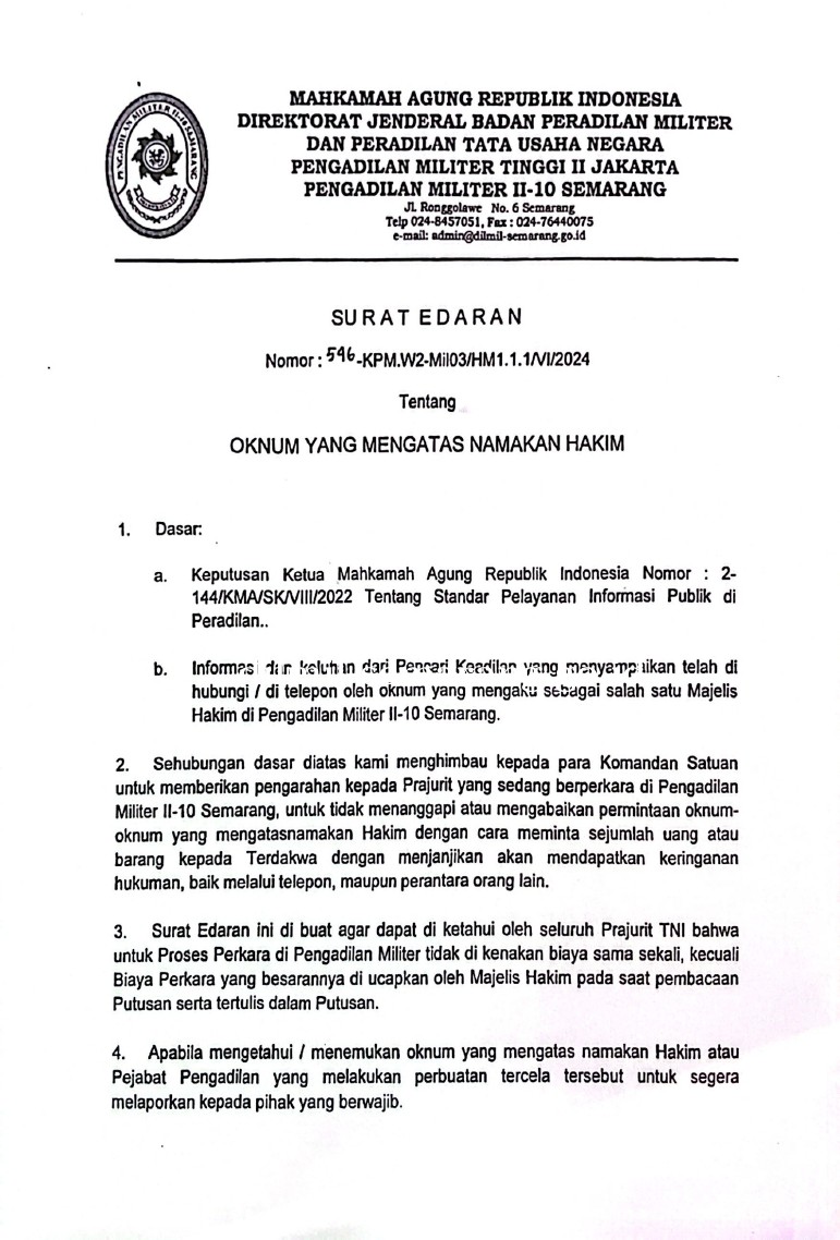 Surat Edaran Kadilmil II-10 Semarang tentang oknum-oknum yang mengatasnamakan Hakim/Pejabat Pengadilan Militer II-10 Semarang.